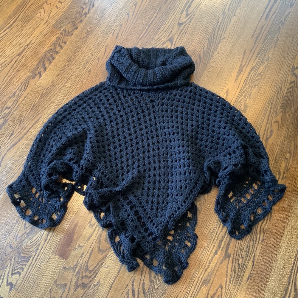 Hand Made Crocheted Black Poncho Cowl Neck One Size Whimsigoth Punk Witchy